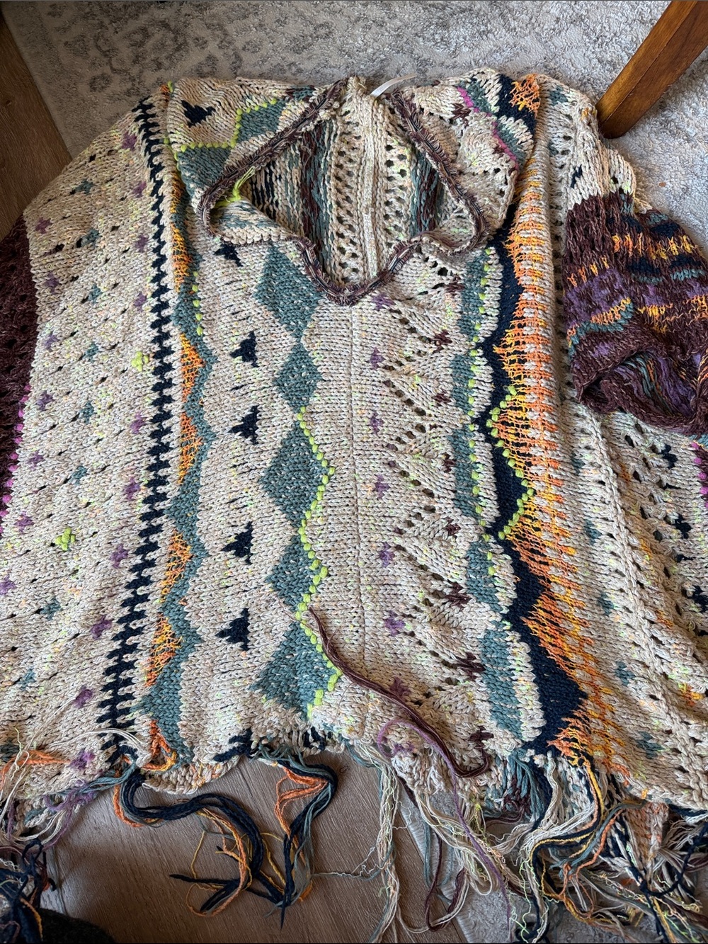 Free People Open-Knit Multicolor Women's Poncho Sweater in Cream